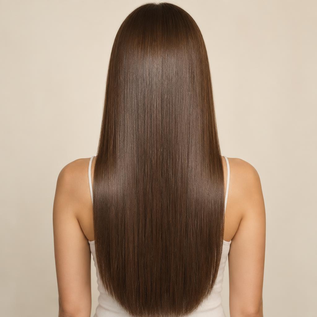 Sleek, glossy straight hair after the Japanese straightening treatment