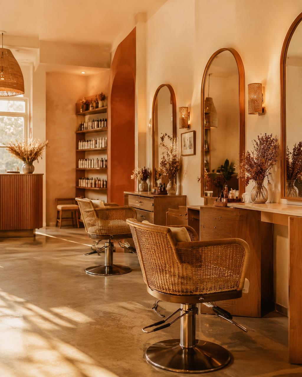 Warm salon interior with timber styling stations and terracotta walls