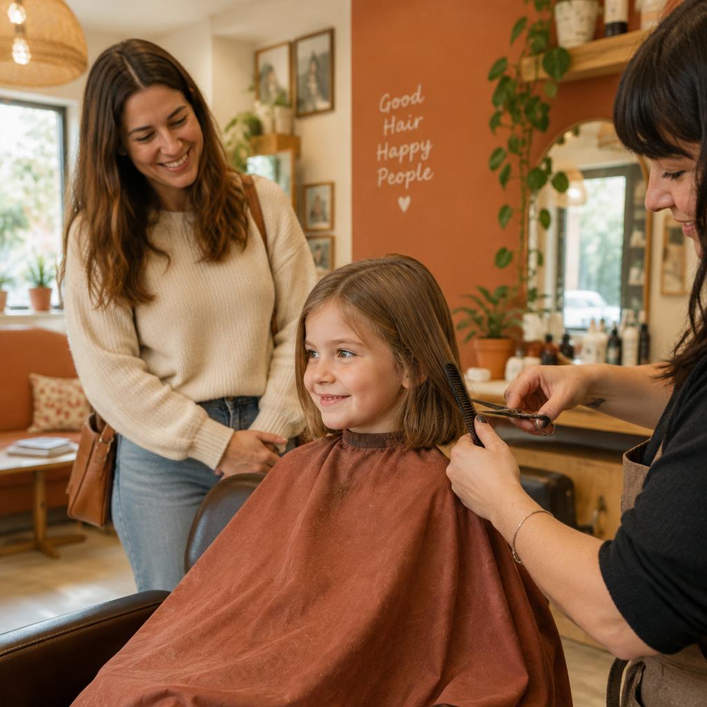 Young girl having her hair cut while her mum watches