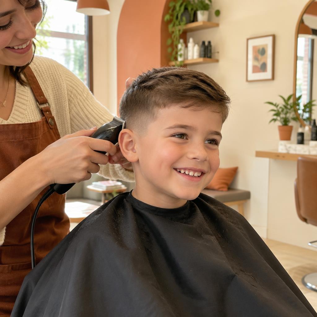 Young boy smiling during a fresh haircut
