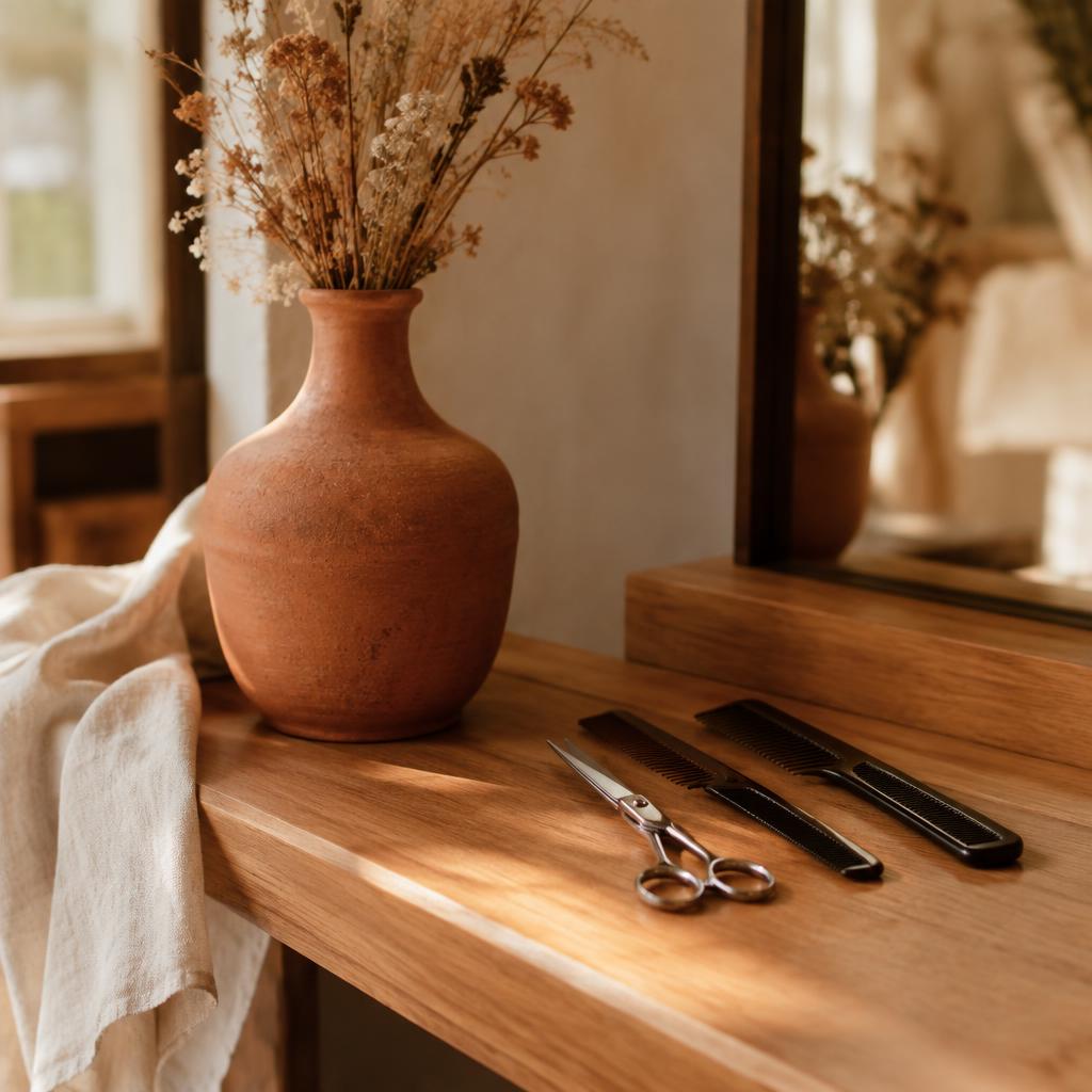 Terracotta vase, scissors and combs on a timber salon bench