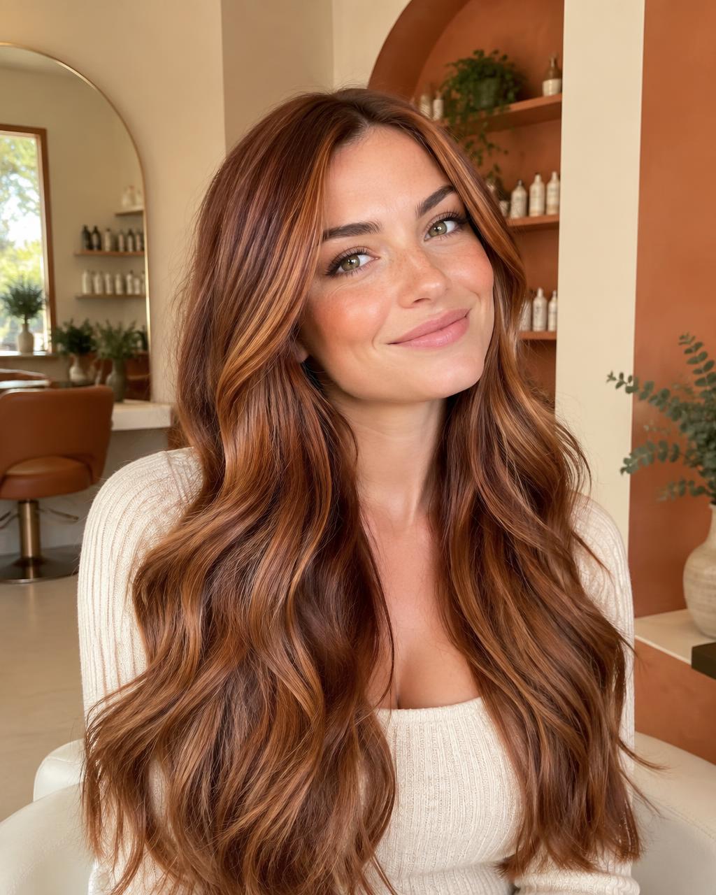 Client with warm copper balayage colour and long glossy hair