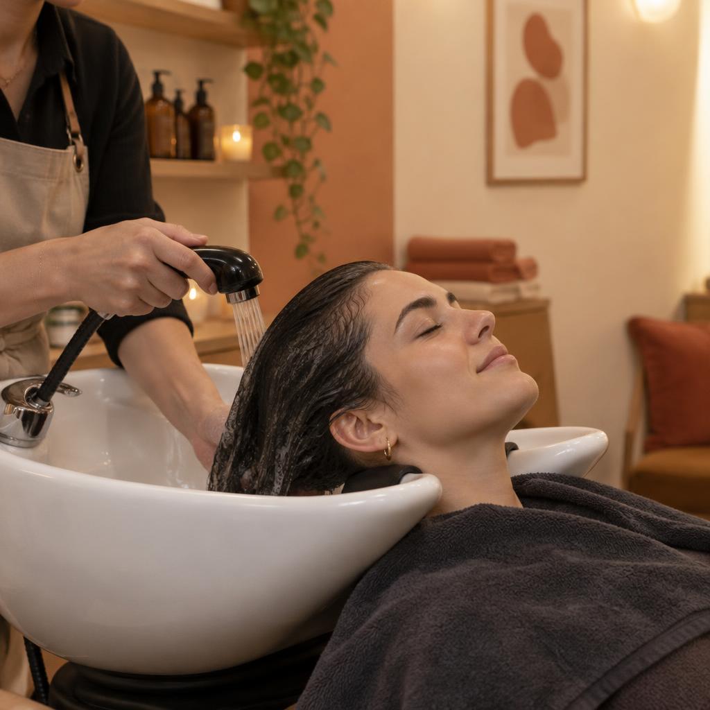 Client relaxing at the salon basin having her hair washed