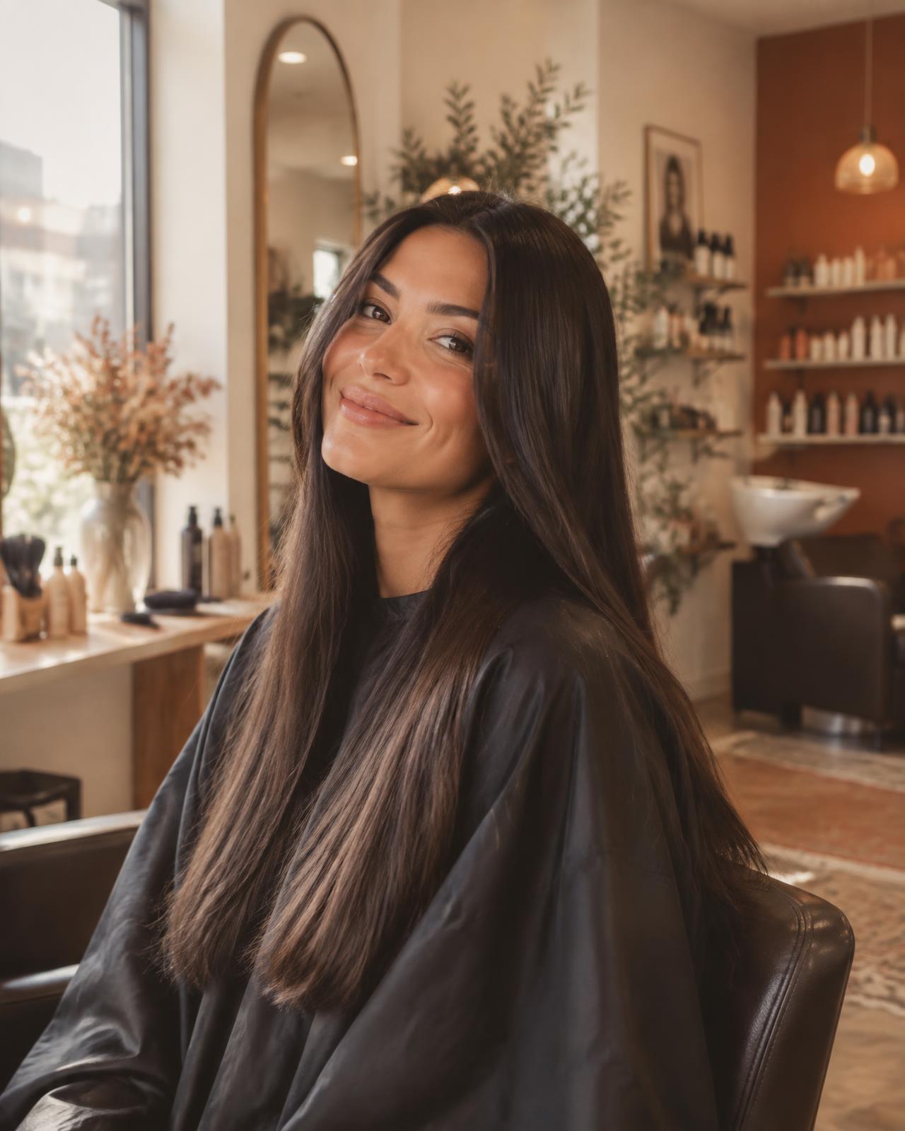 Client with long, silky straight hair smiling in a warm salon